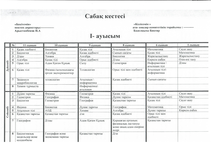 Сабақ кестесі