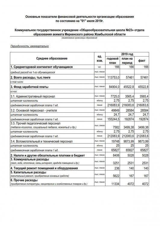 Основные показатели финансовой деятельности организации  по состоянию на "1"июля 2019г.