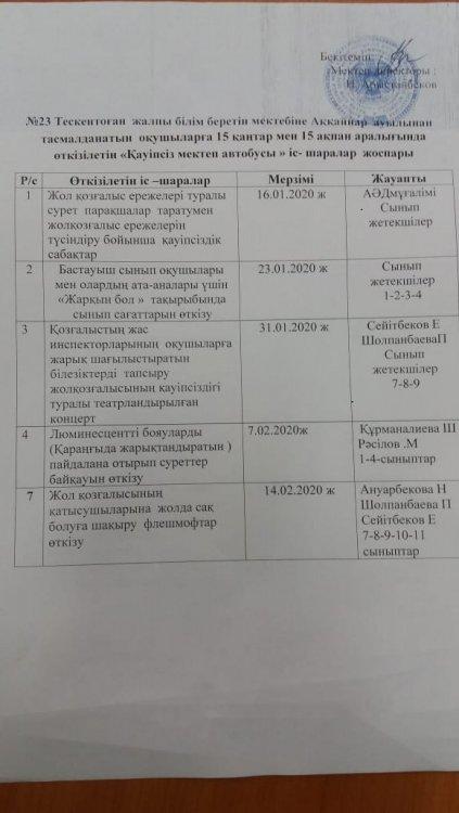 №23 Тескентоған жалпы білім беретін  мектебіне Аққайнар ауылынан тасмалданатын оқушыларға  15 қаңтар мен 15 ақпан аралығын да өткізілетін"Қауіпсіз мектеп автобусы" іс-шаралар жоспары