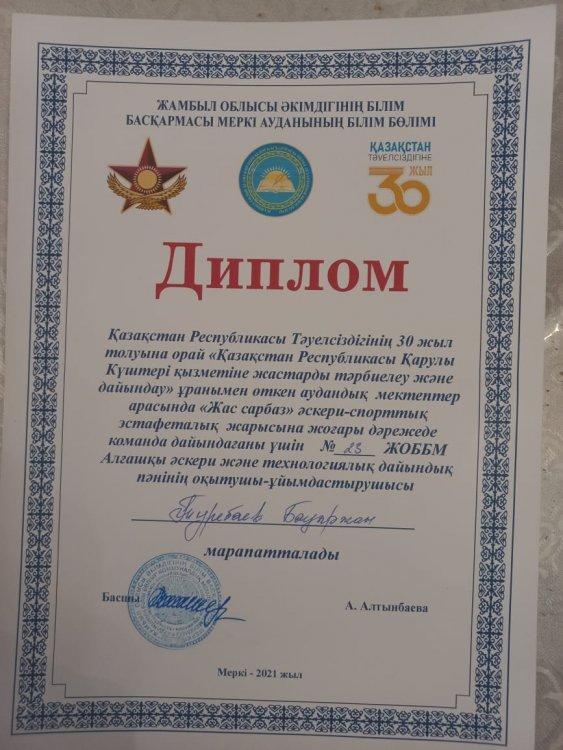№23 Тескентоған жалпы орта білім беретін мектебінің Алғашқы әскери және технологиялық дайындық пәнінің оқытушы- ұйымдастырушысы Туребаев Бауыржан дипломмен марапатталды.