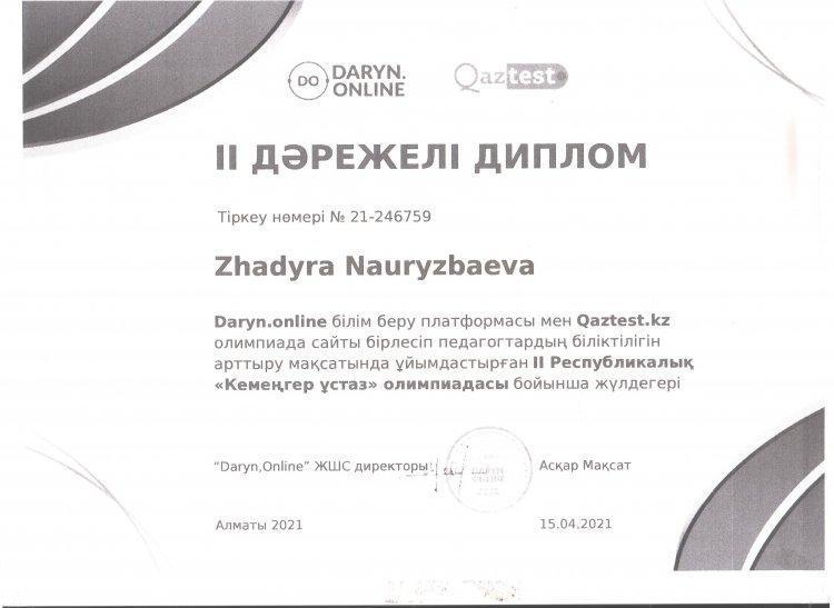 №23 Тескентоған жалпы орта  білім беретін мектебінің  орыс тілі пән мұғалімі Наурызбаева Жадыра Нурланбековна DARYN ONLINE  олимпиадасына қатысып  ІІ дәрежелі дипломмен марапатталды.
