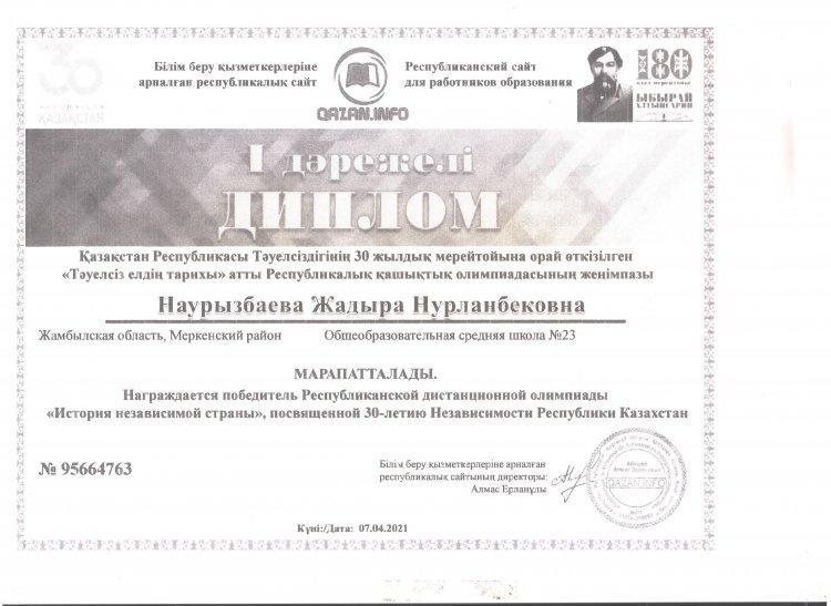 №23 Тескентоған жалпы орта  білім беретін мектебінің  орыс тілі пән мұғалімі Наурызбаева Жадыра Нурланбековна   І дәрежелі дипломмен марапатталды.