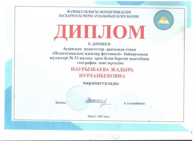 №23 Тескентоған жалпы орта  білім беретін мектебінің  орыс тілі пән мұғалімі Наурызбаева Жадыра Нурланбековна  ІІ дәрежелі дипломмен марапатталды.