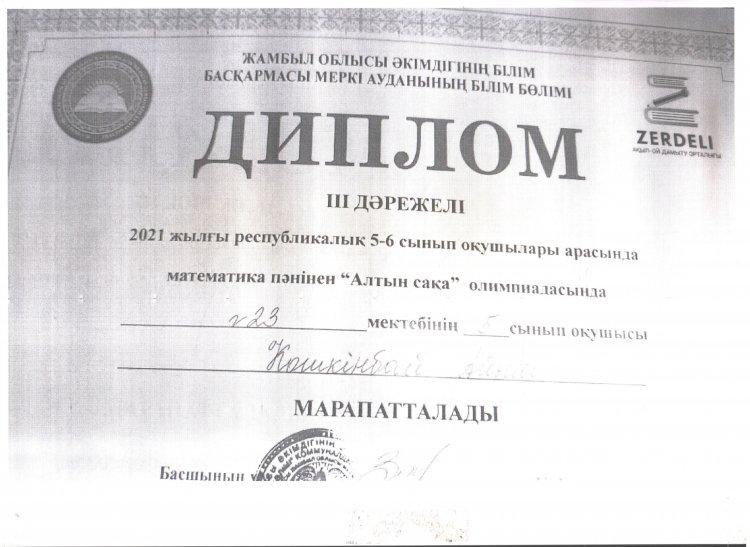 №23 Тескентоған жалпы орта білім беретін мектебінің 5  сынып оқушысы   Көшкімбай Айым "Алтын сақа"  олимпиадасынан  ІІІ дәрежелі дипломмен марапатталды