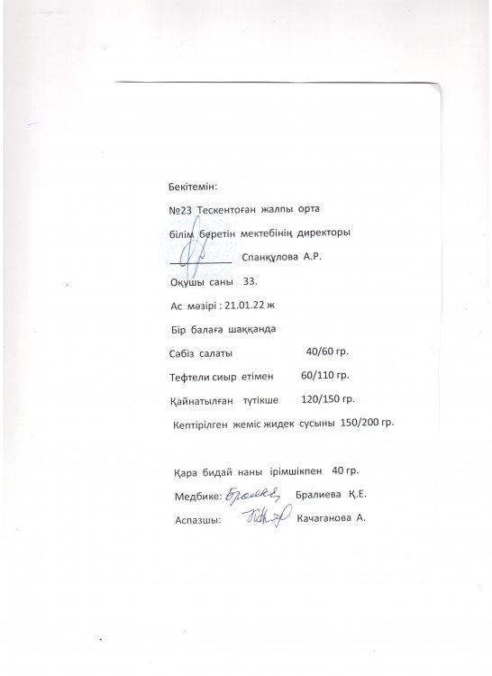 №23 Тескентоған  жалпы орта білім беретін мектебіндегі  ас мәзірі
