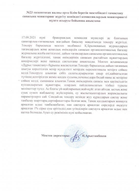 №23 Тескентоған жалпы орта білім беретін мектебінің тамақтану сапасына мониторинг жүргізу жөніндегі  комиссиялардың   жүзеге асыру бойынша анықтамасы