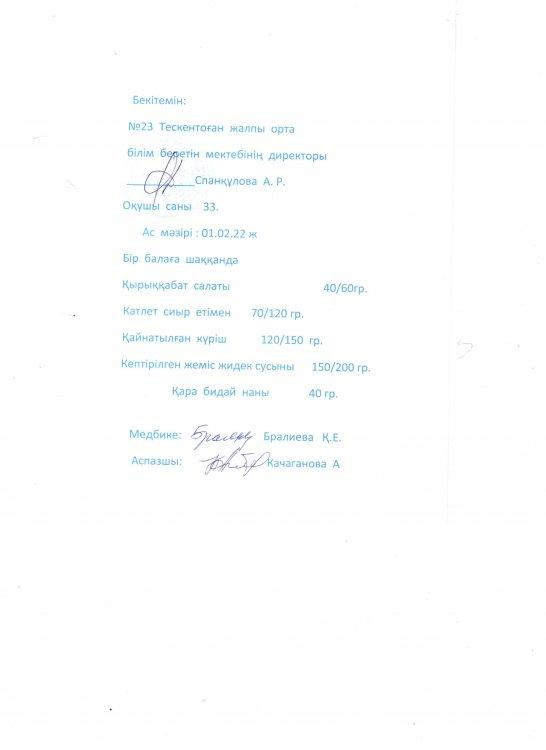 №23 Тескентоған жалпы орта білім беретін мектебінің 01.02.күнгі ас мәзірі