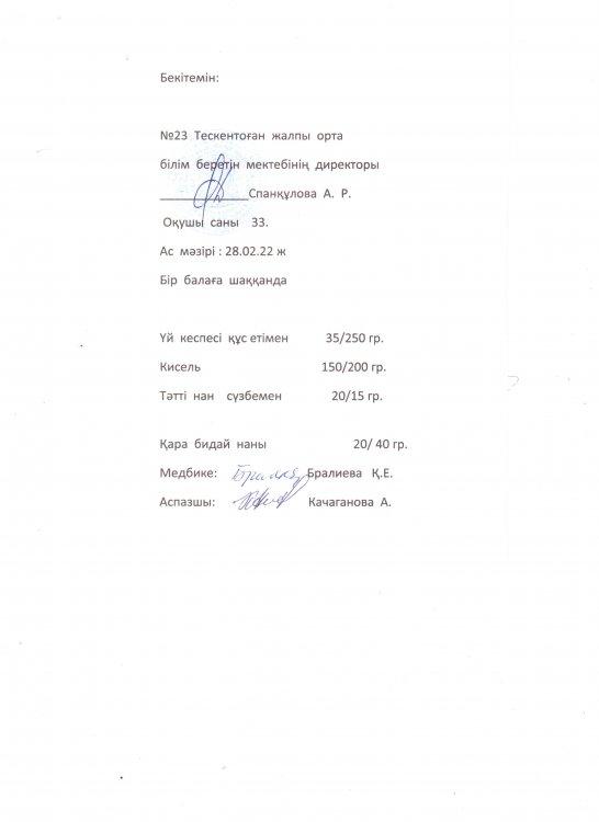 №23 Тескентоған жалпы орта  білім  беретін  мектебінің 28 02.22 күнгі аз мәзірі