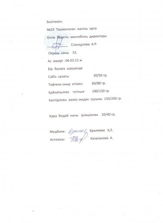 №23 Тескентоған  жалпы орта білім беретін мектебінде 04.03. күнгі ас мәзірі