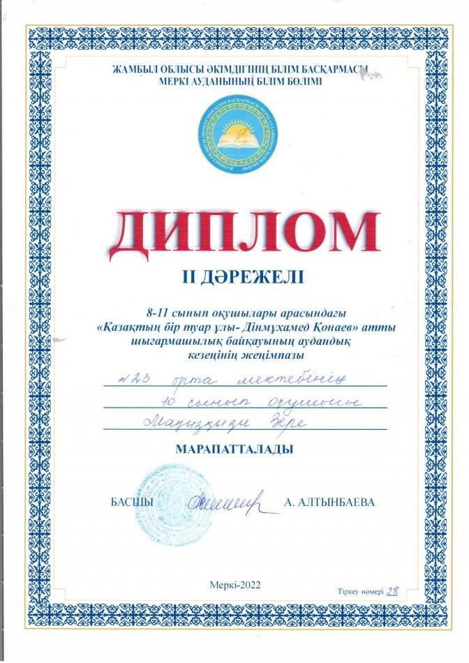 23 Тескентоған жалпы орта білім беретін мектебінің 10 сынып оқушысы Маңызқызы Зере 8-11 сынып оқушылары арасында "Қазақтың бір туар ұлы - Дінмұхамед Қонаев" атты шығармашылық байқауының аудандық кезеңіне қатысып ІІ дәрежелі дипломмен марапатталды.