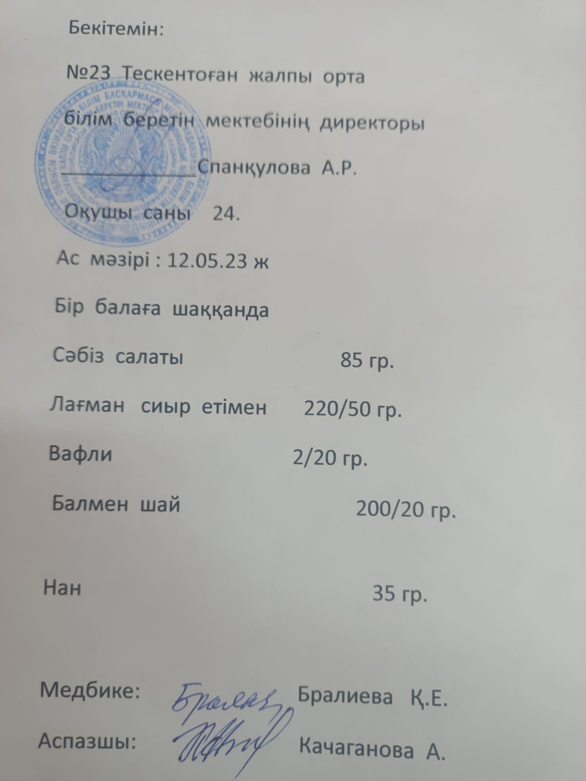 №23 Тескентоған жобб мектебінде 12.05 күнгі ас мәзірі
