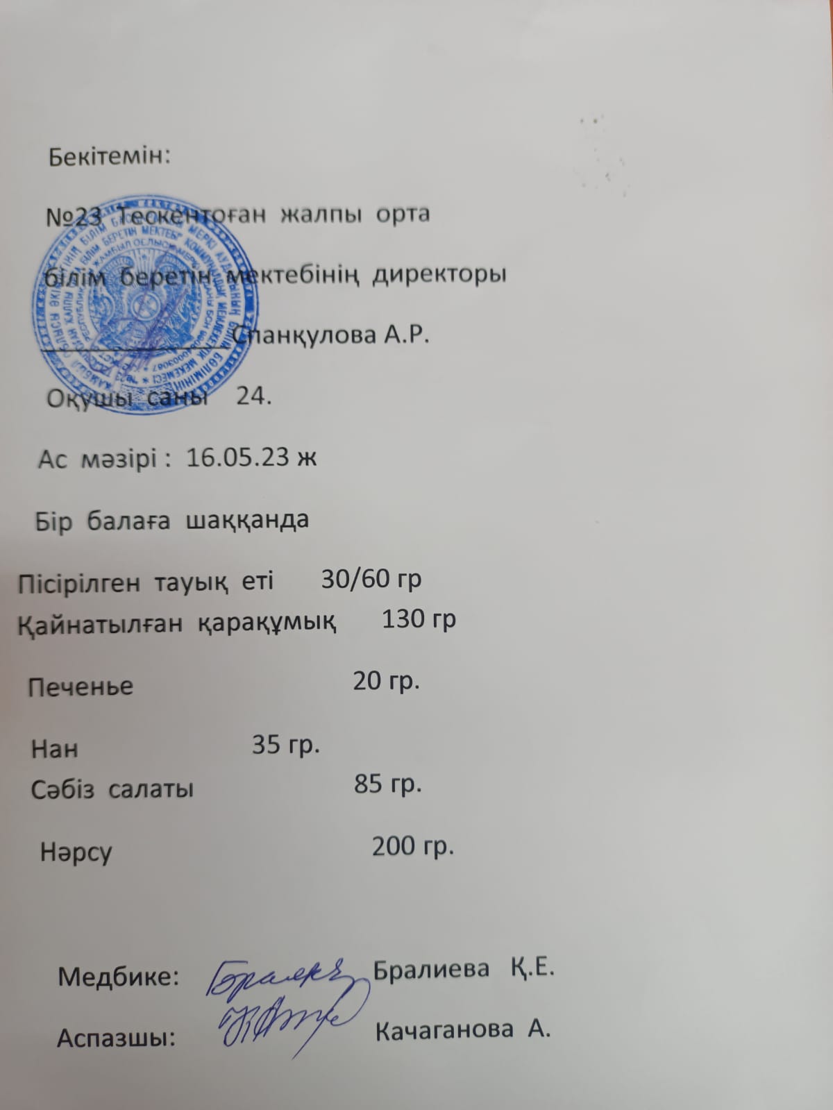№23 Тескентоған жобб мектебінде 16.05 күнгі ас мәзірі