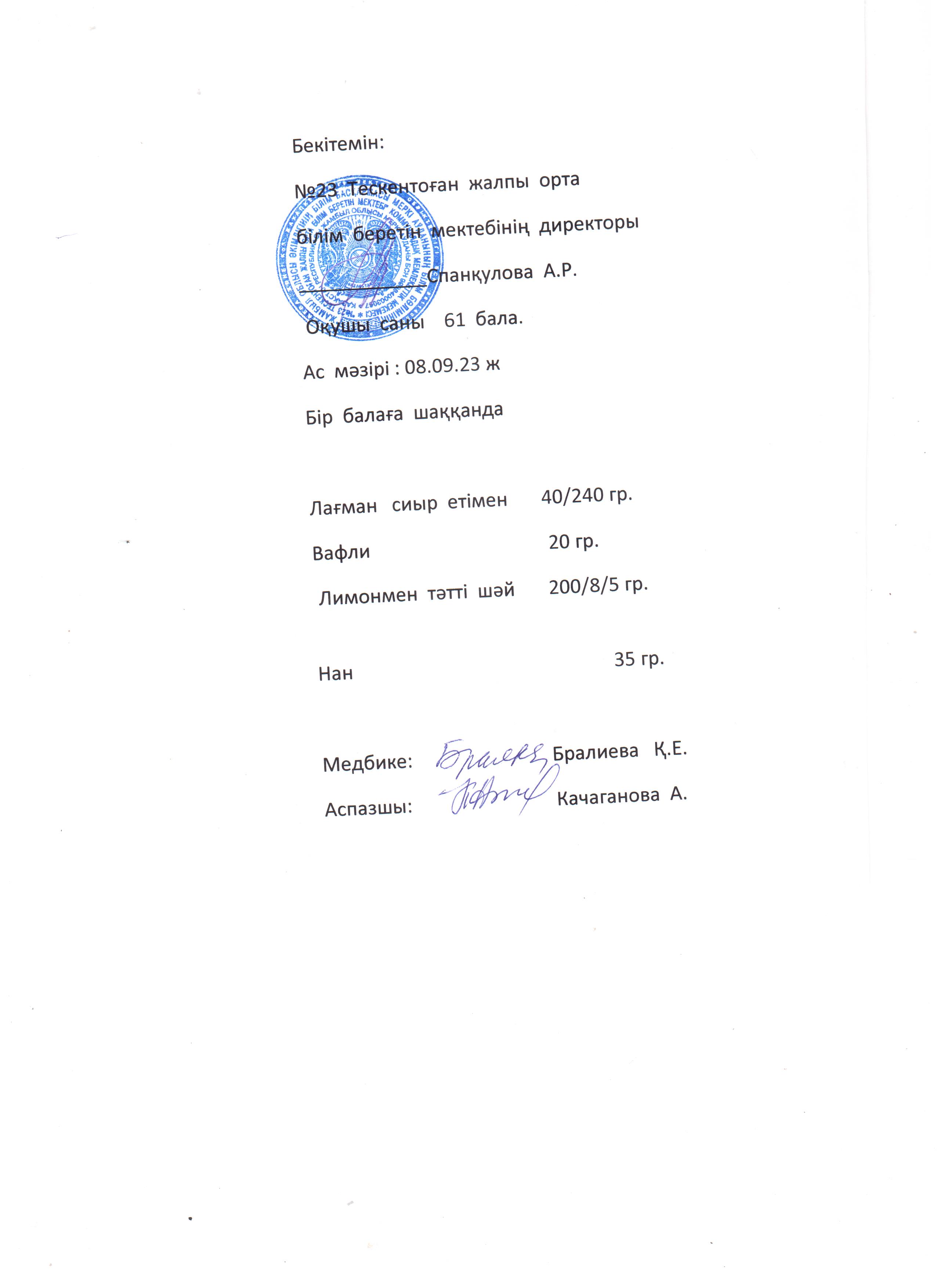 №23 Тескентоған жобб мектебінде 08.09 күнгі ас мәзірі