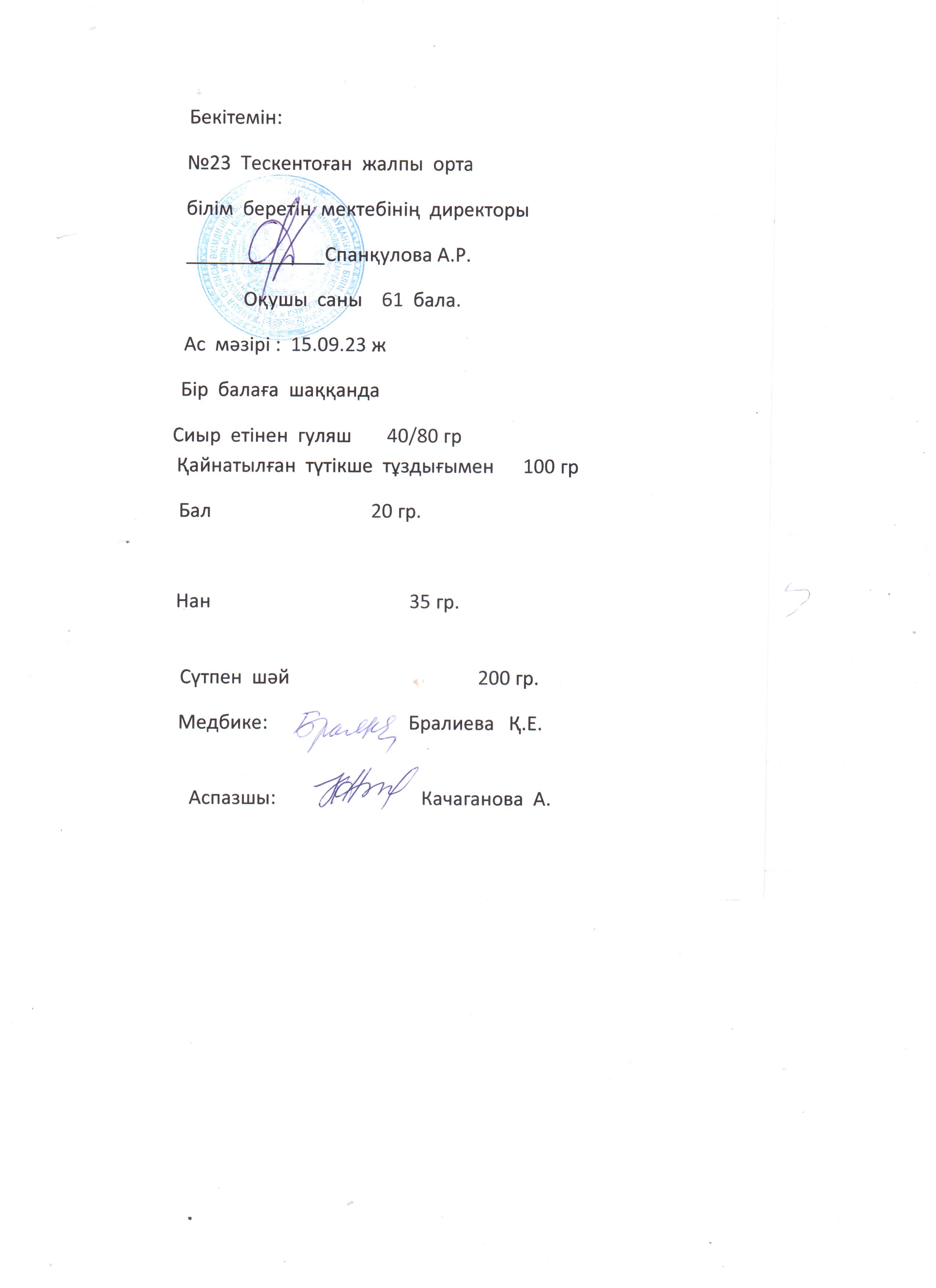№23 Тескентоған жобб мектебінде 15.09 күнгі ас мәзірі