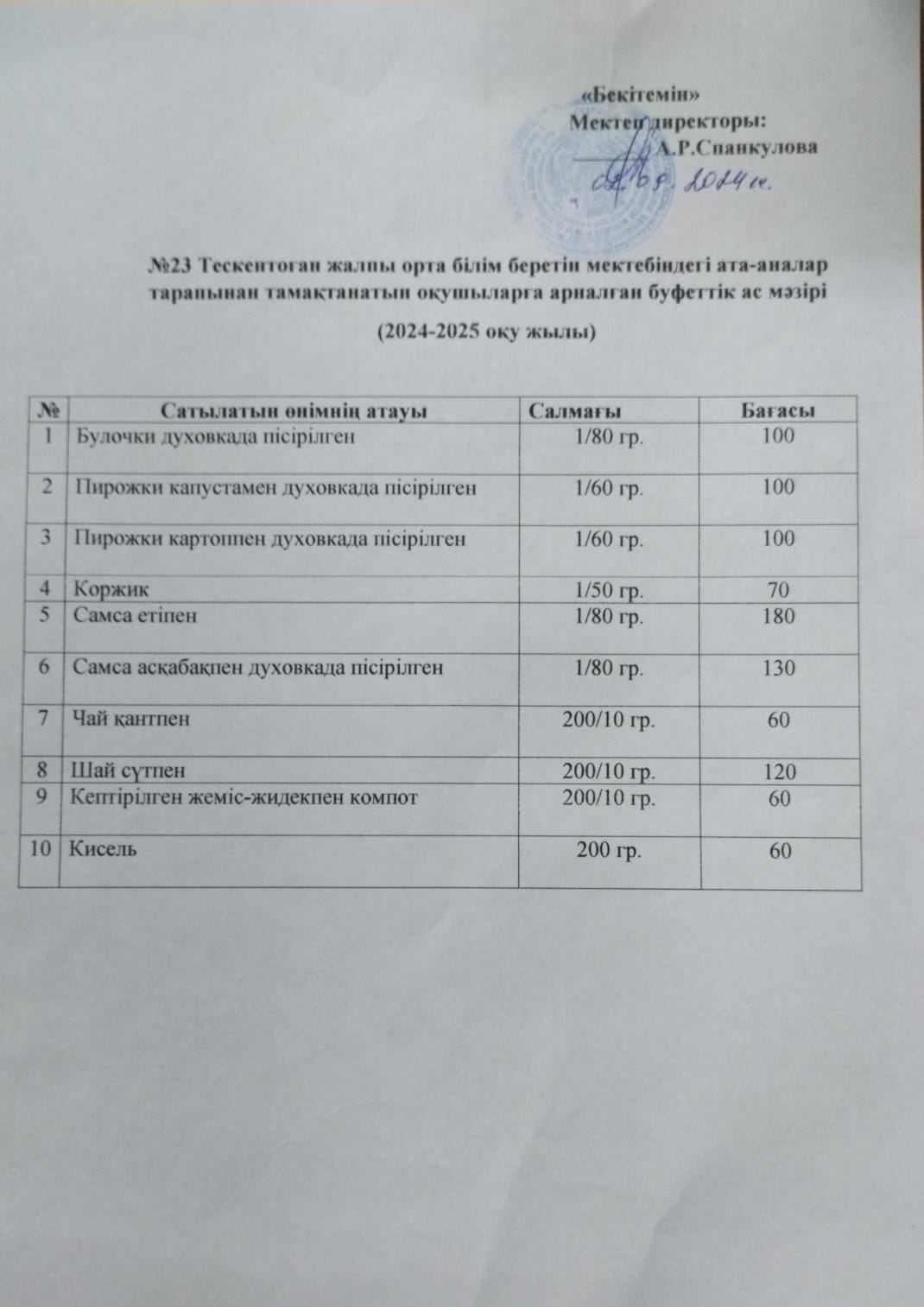 Мектеп асханасында білім алушылардың, сынып ж№етекшілердің, әкімшліліктің мониторинг жүргізетін комиссия қызметкерлерінің кезекшілік кестелері
