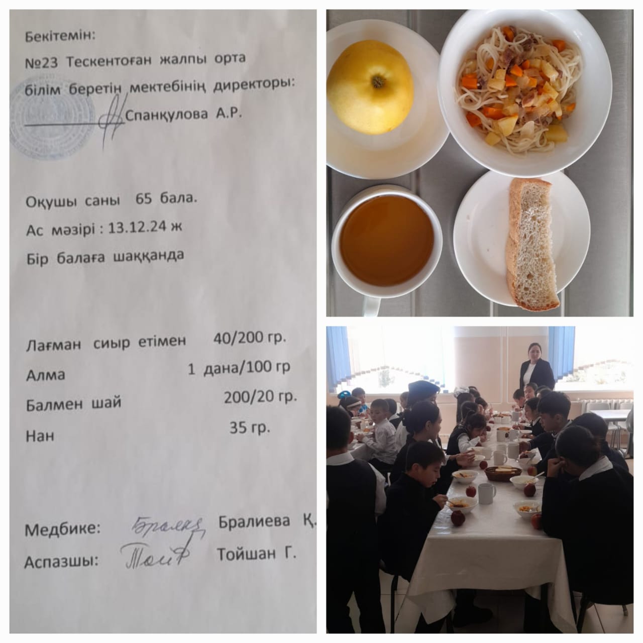 №23Тескентоған жалпы орта білім беретін мектебінде 13.12 күнгі ас мәзірі