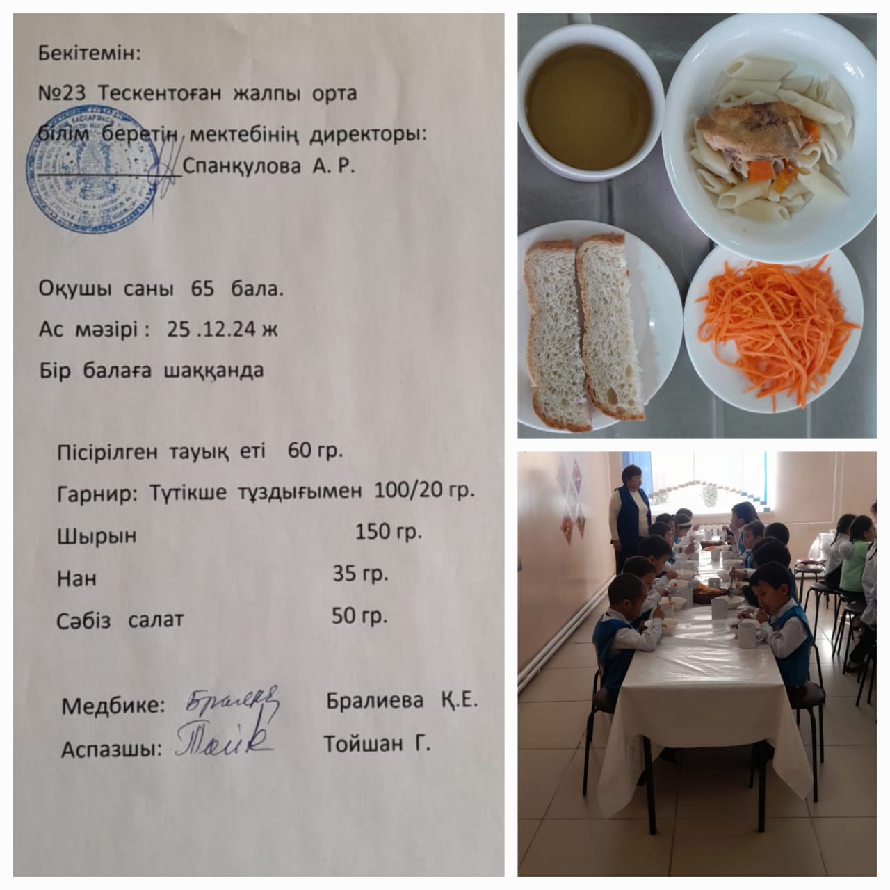 №23Тескентоған жалпы орта білім беретін мектебінде 25.12 күнгі ас мәзірі
