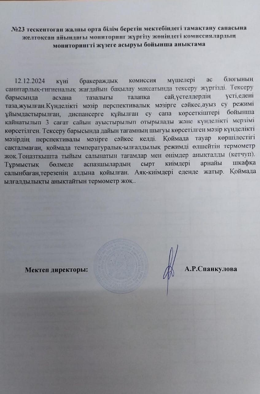 Тамақтану сапасына мониторинг жүргізу актісі