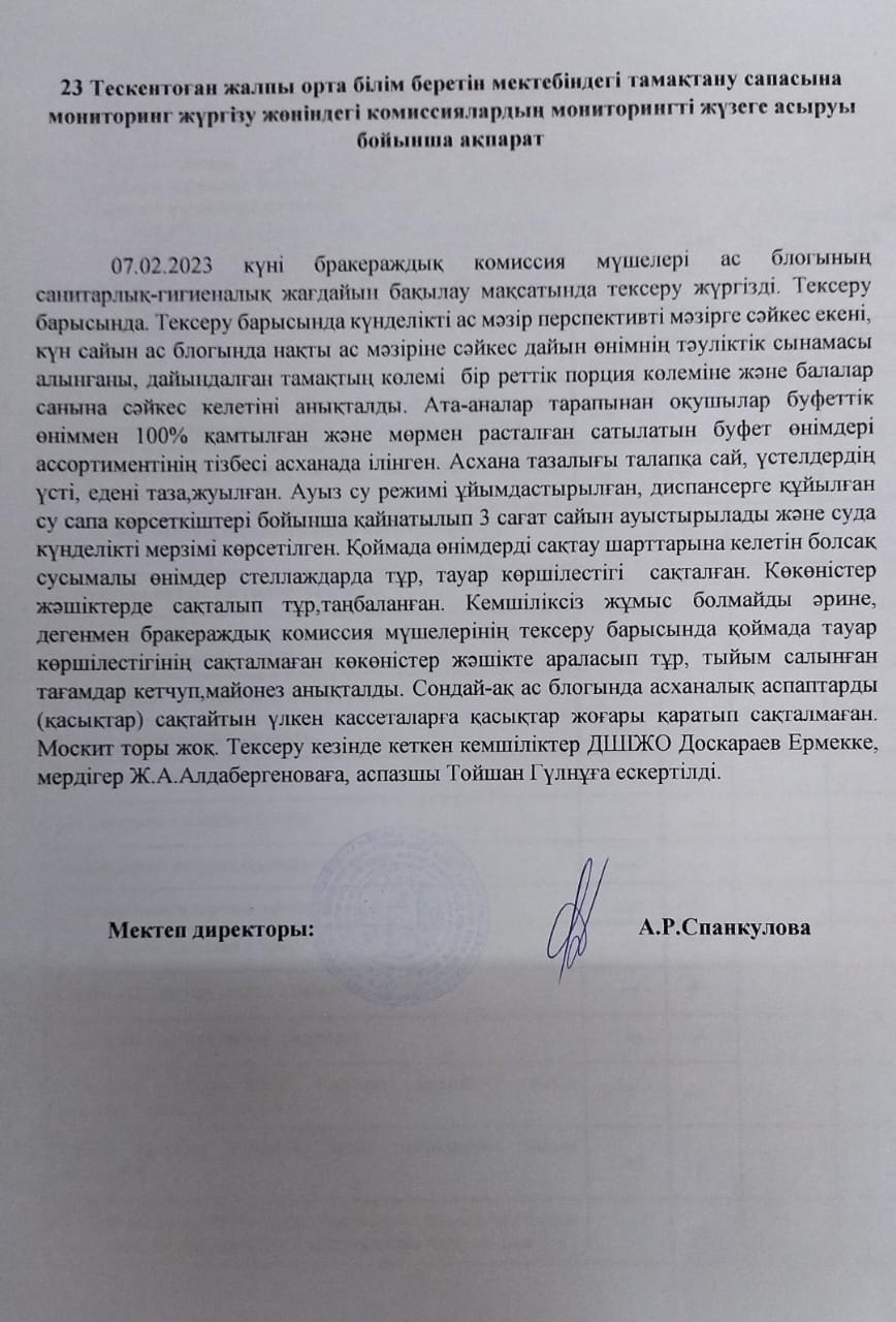 Тамақтану сапасына мониторинг жүргізу актісі