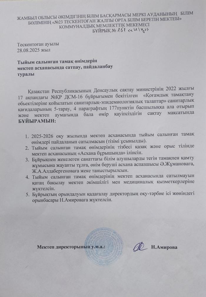 Тыйым салынған тамақ өнімдерін мектеп асханасында сатпау, пайдаланбау туралы