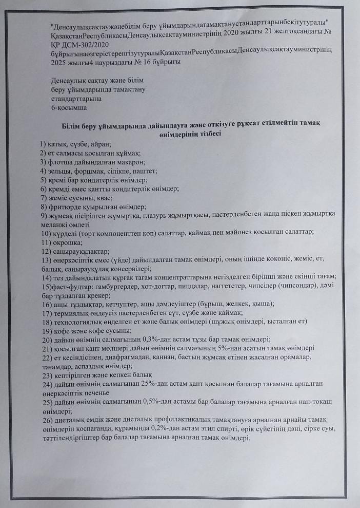 Білім беру ұйымдарында дайындауға және өткізуге рұқсат етілмейтін тамақ өнімдерінің тізбесі