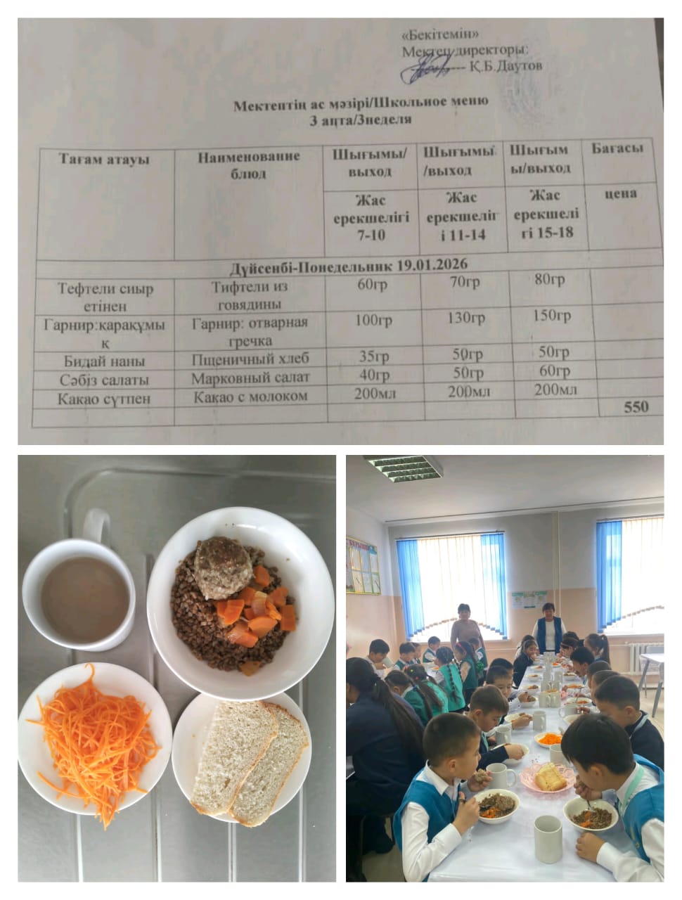 №23 Тескентоған ЖОББМ 19.01 күнгі ас мәзірі